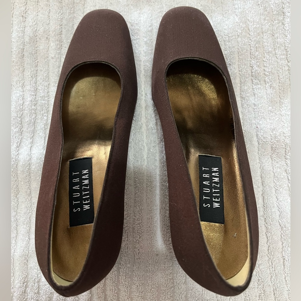 Stuart Weitzman classic block heels brown fabric pumps - size 8